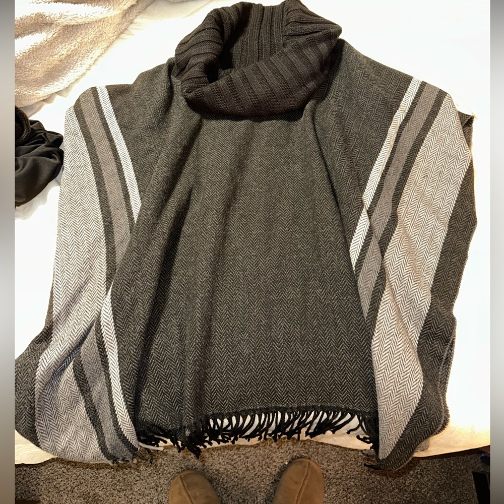 OS Kenneth Cole black & grey striped fringed, turtle neck poncho
